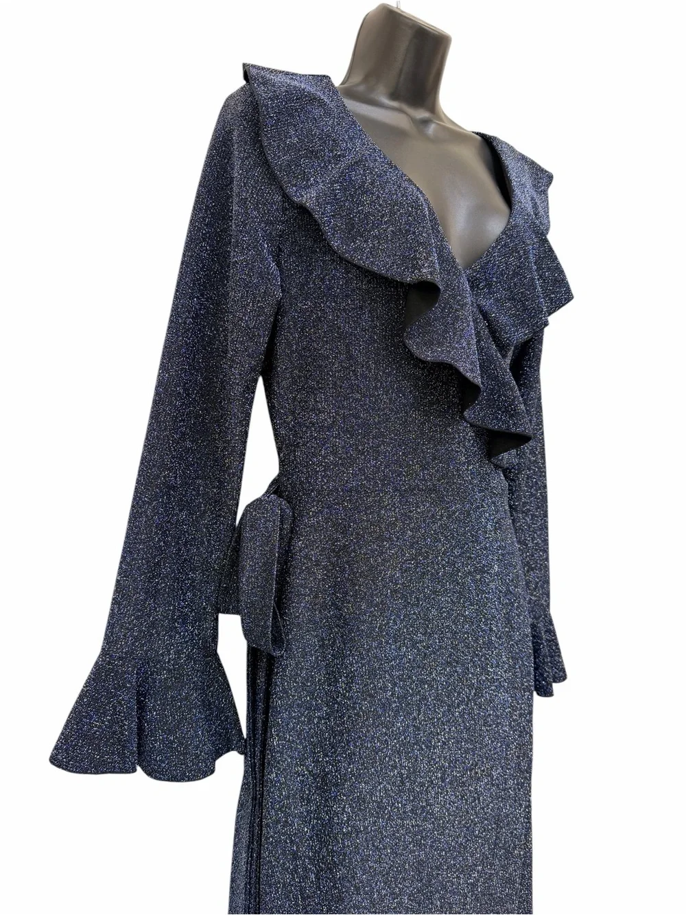 Free People Metallic Wrap Maxi Dress Navy Blue Ruffle Bell Sleeve Large - Picture 6 of 14